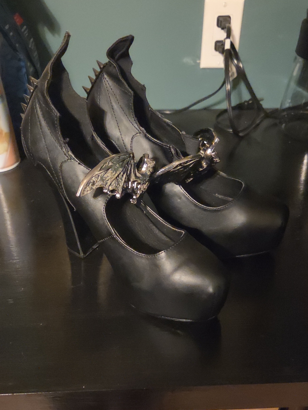 Demonia Black Winged Mary Jane Heels with Metallic Bat Accent